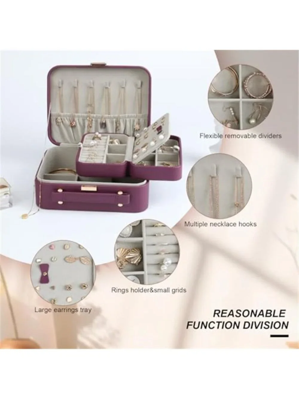 Womens Travel Jewelry Box Large 2 Layer Organizer Case Wine Red Lock Portable